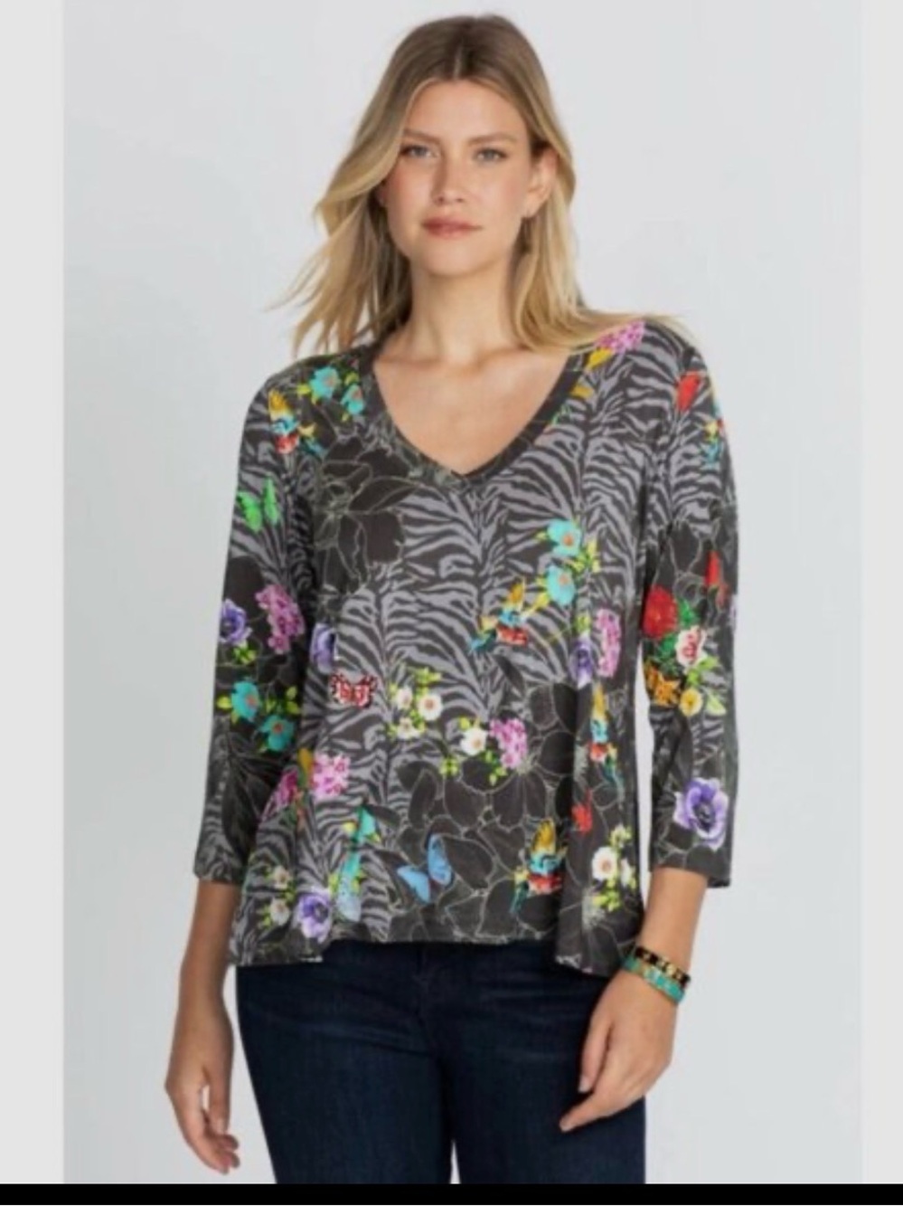Johnny Was Gray Zebra-Print V-Neck Top with Multicolor Floral Accents